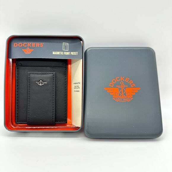 Dockers Men’s Front Pocket Slim Black Leather Magnetic Money Clip Wallet New - Picture 1 of 6
